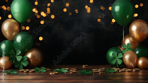 St. Patrick's Day Celebration with Balloons and Gold Coins, A festive St. Patrick's Day setup with green and gold balloons, shamrocks, gold coins, and sparkling bokeh lights on a rustic wooden table.
