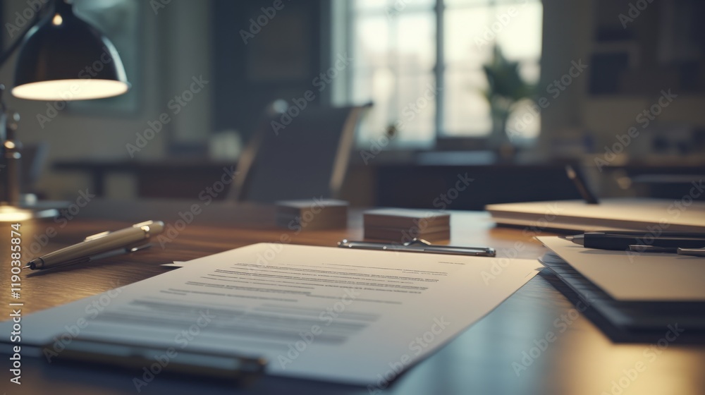 Contract documents on a wooden desk in a dimly lit office. Contract documents on a wooden desk in a dimly lit office.