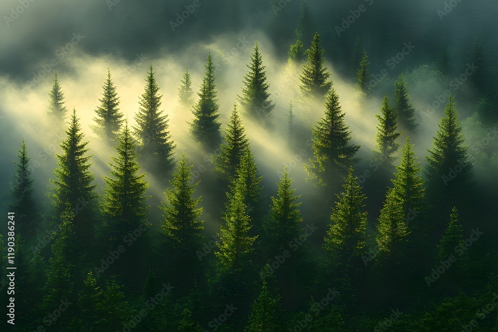 Serene Morning Mist in Evergreen Forest Illuminated by Sunlight Serene Morning Mist in Evergreen Forest Illuminated by Sunlight