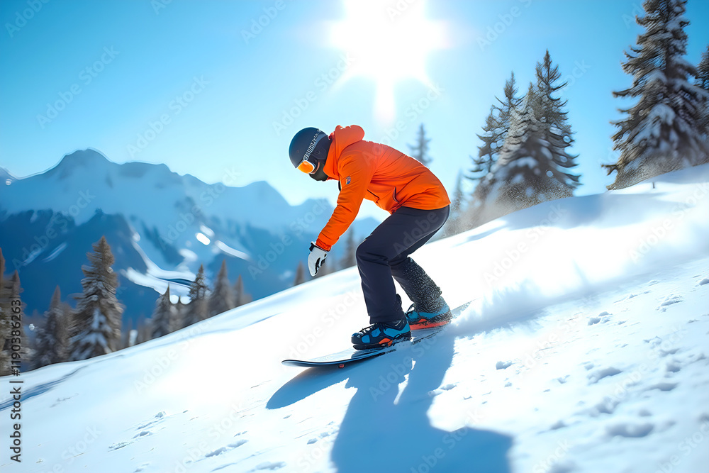 Man snowboarding down slope beside trees Man snowboarding down slope beside trees