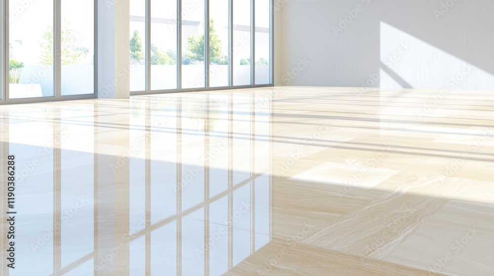 Fototapeta premium Modern minimalist room with expansive window and bright white wall, study in natural light design
