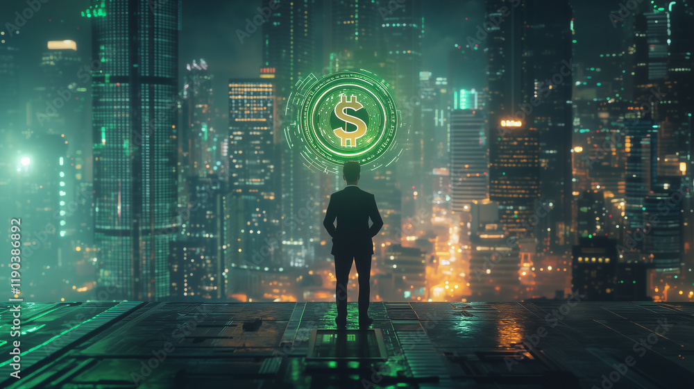 Fototapeta premium A businessman standing on a rooftop holding a glowing digital coin with a dollar sign, green theme in the big city . light on the road