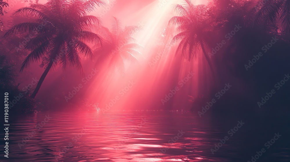 Obraz premium Abstract neon background with rays of red light shining on water and palm trees creating a tropical aesthetic