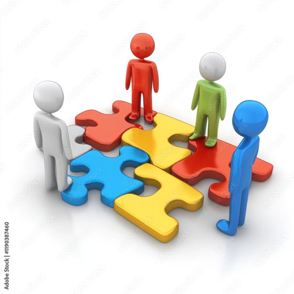 Four figures assembling colorful puzzle pieces. Four figures assembling colorful puzzle pieces.