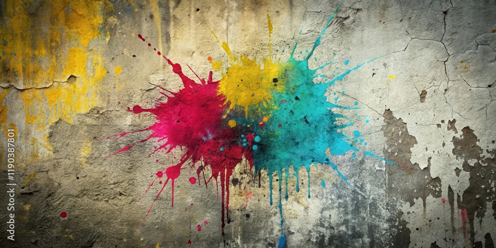 Fototapeta premium Abstract Colorful Paint Splatter on Weathered Wall Texture