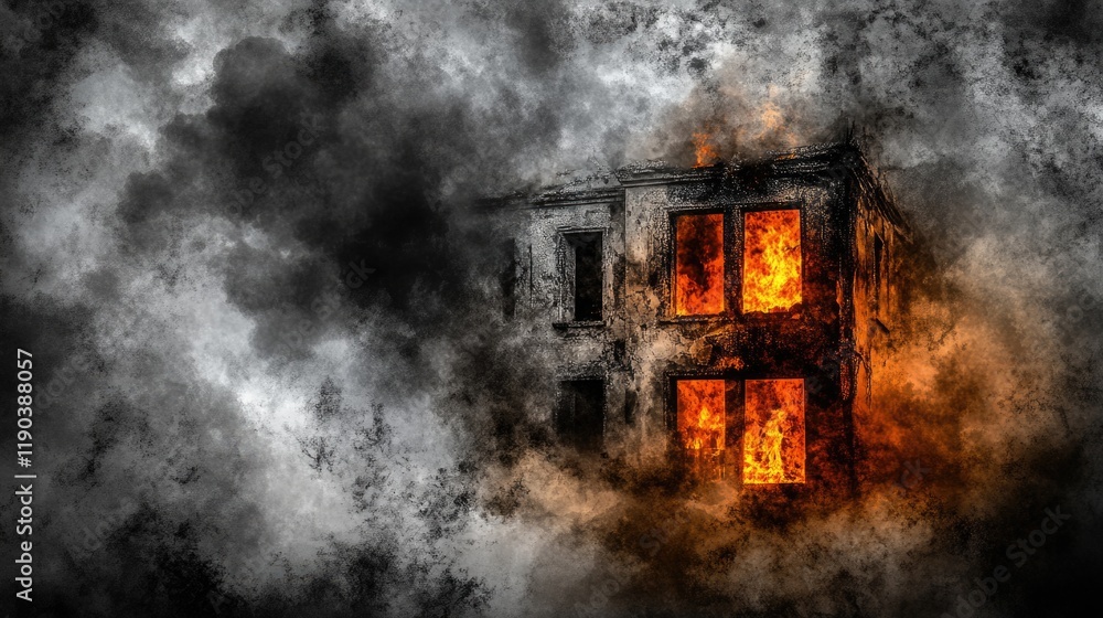 Fototapeta premium Abandoned building engulfed in flames and smoke