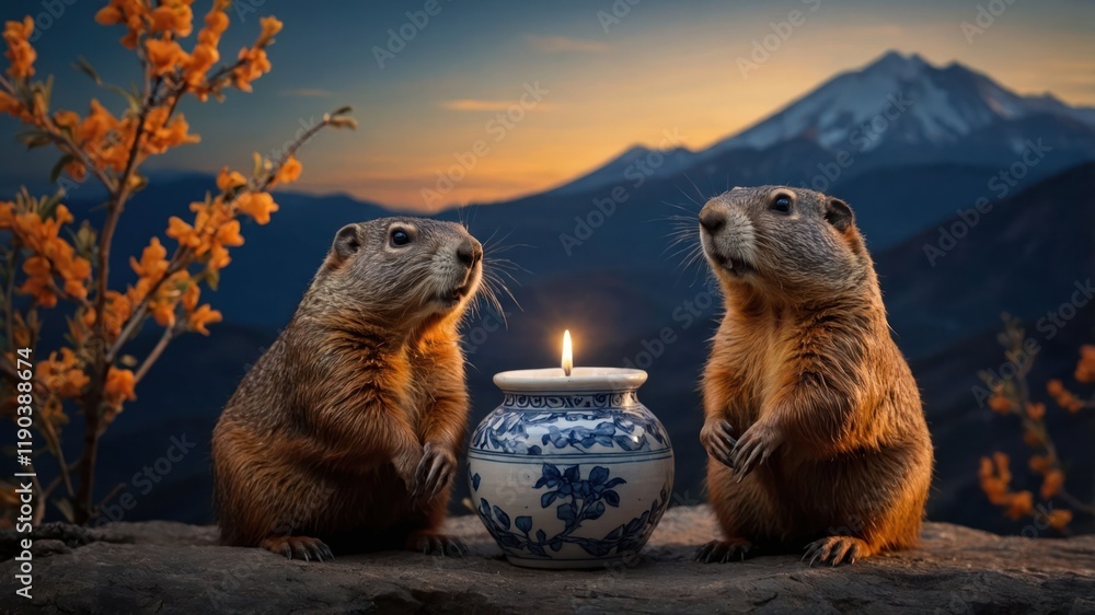 Fototapeta premium Two marmots sit beside a candle in a decorative jar against a mountain sunset backdrop.
