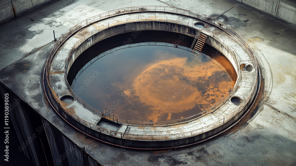 Observation tank and landfill viewed from above showcasing industrial architecture and a dark liquid surface Observation tank and landfill viewed from above showcasing industrial architecture and a dark liquid surface