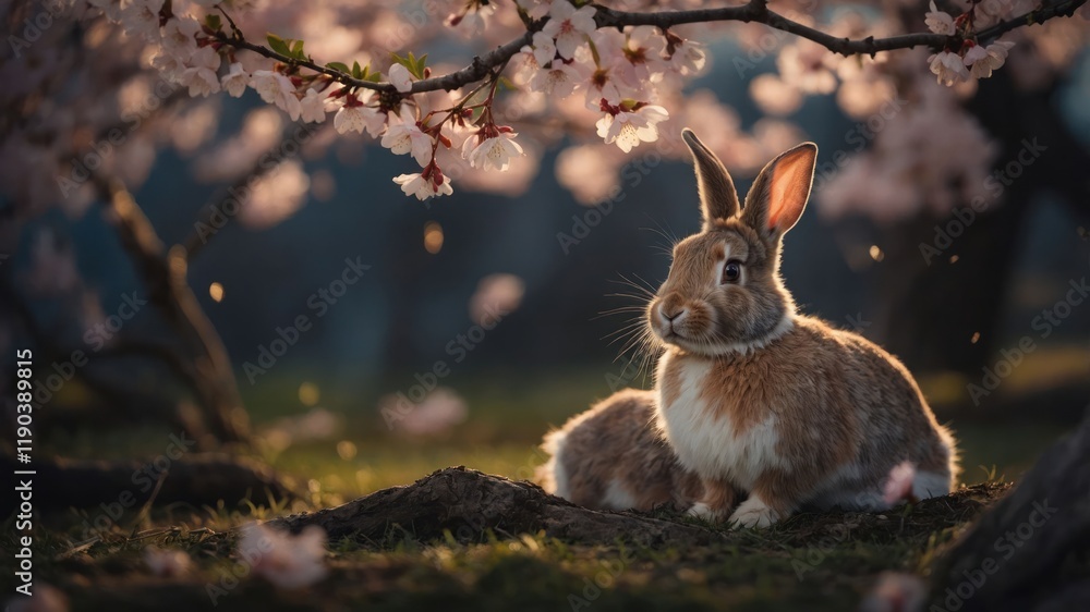 Fototapeta premium A serene scene of rabbits among blooming cherry blossoms in a tranquil setting.