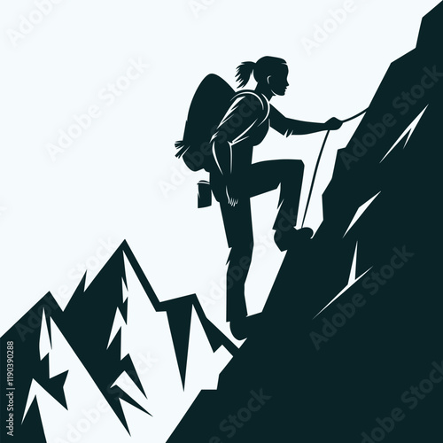 Mountain climber, rock climber silhouette person vector illustration