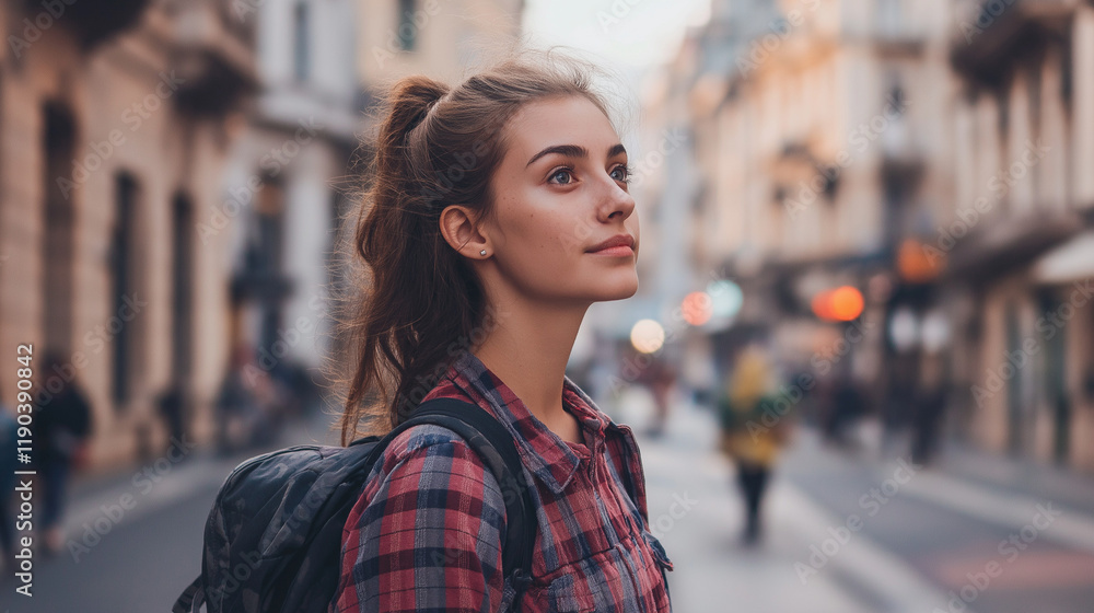 Fototapeta premium Young woman exploring urban street with backpack. Ideal for city lifestyle, travel adventure, or modern wanderlust stories.