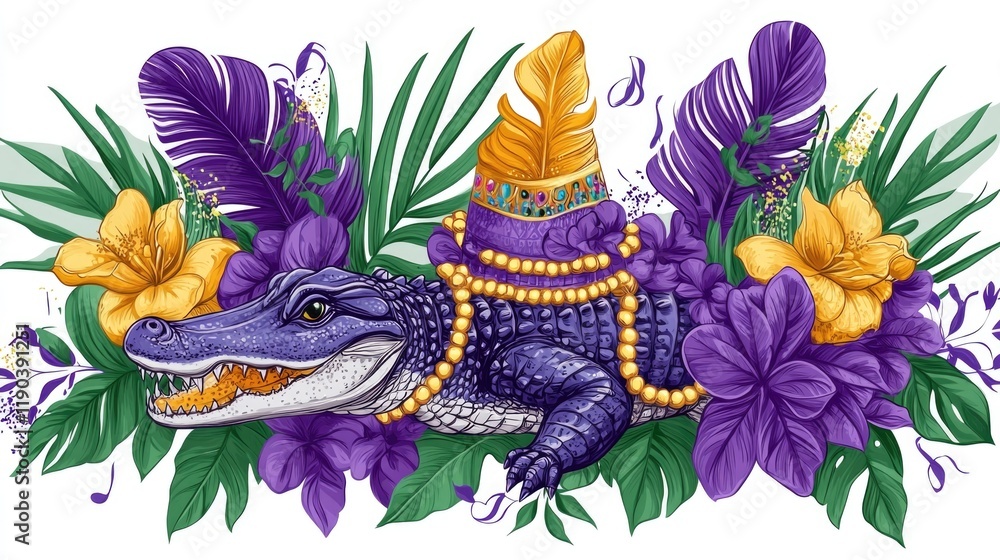 Fototapeta premium Vibrant alligator with beads and flowers in festive mardi gras theme. Mardi Gras, Fat Tuesday, Carnival Season. Bright Parades, Masks, Festive Costumes, Vibrant Atmosphere