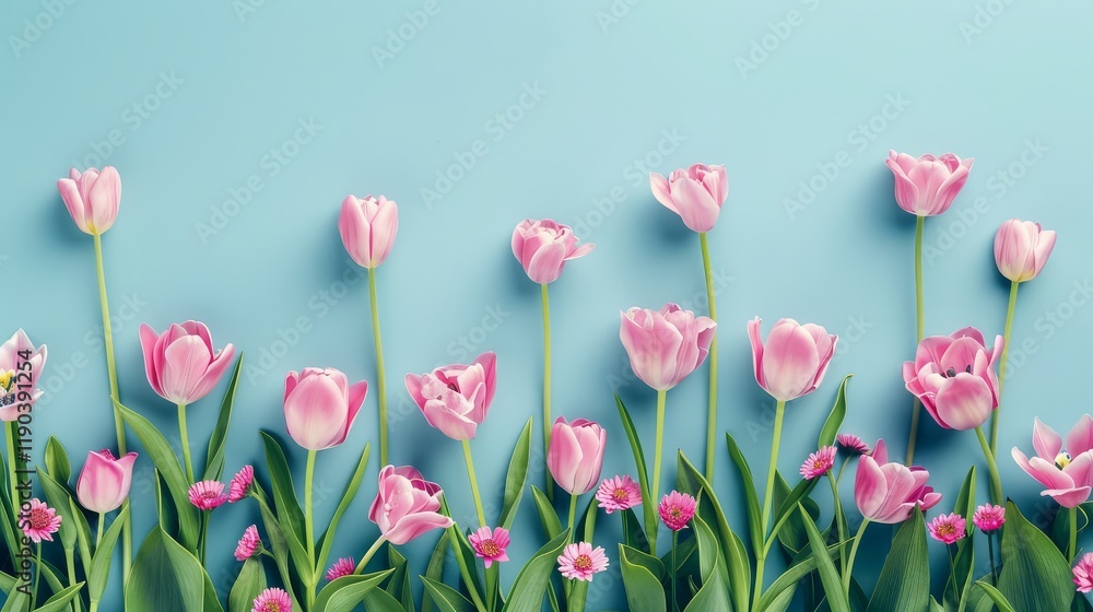 Fototapeta premium Pink Tulips and Small Flowers on Light Blue Background