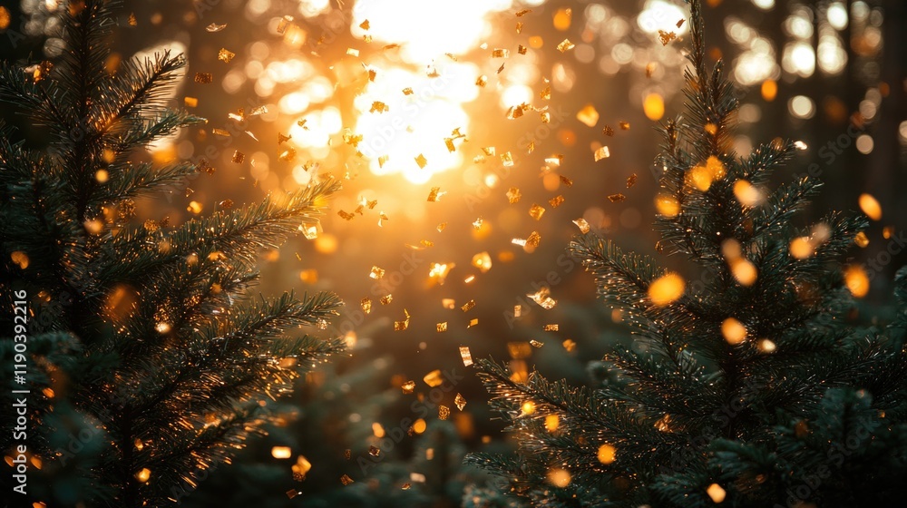 Naklejka premium Warm sunset through forest trees with falling leaves