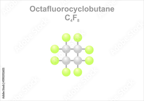 Octafluorocyclobutane. Simplified scheme of the molecule. Use in semiconductor inustry.