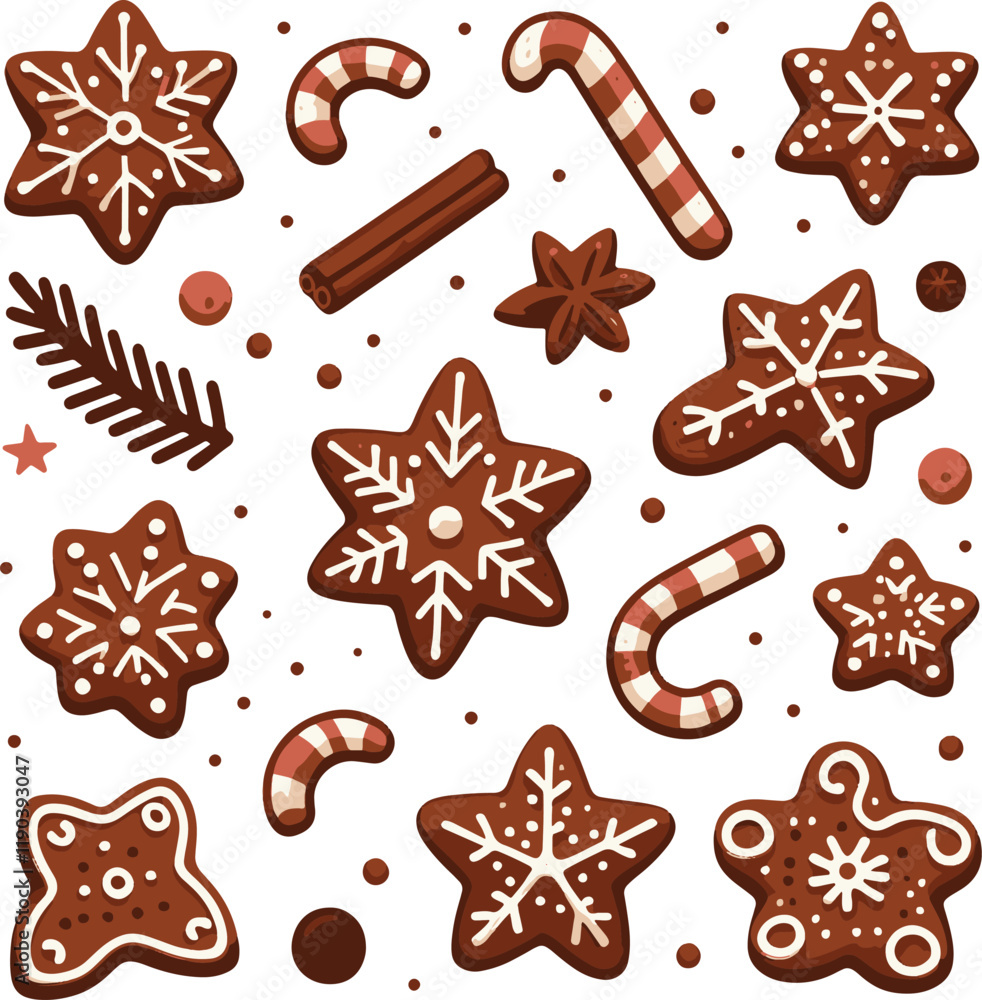 Set of gingerbread cookies, pine needles, leaves, candy Winter christmas Isolated vector for decoration Set of gingerbread cookies, pine needles, leaves, candy Winter christmas Isolated vector for decoration