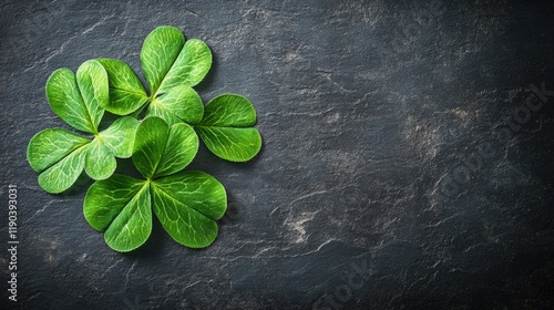 Four green shamrocks on dark stone background for luck and good fortune. Saint Patrick's Day, St Paddy's Day, St Patty's Day - Irish National Holiday and Cultural Celebration