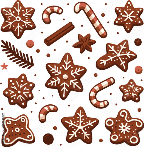 Set of gingerbread cookies, pine needles, leaves, candy Winter christmas Isolated vector for decoration
