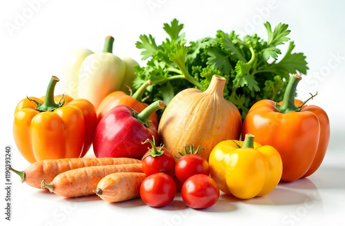 Healthy food delivery side view . Healthy vegan vegetarian food in the form of vegetables and on a white background, a place to copy, a banner. Grocery supermarket and the concept of pure vegan nutrit photo