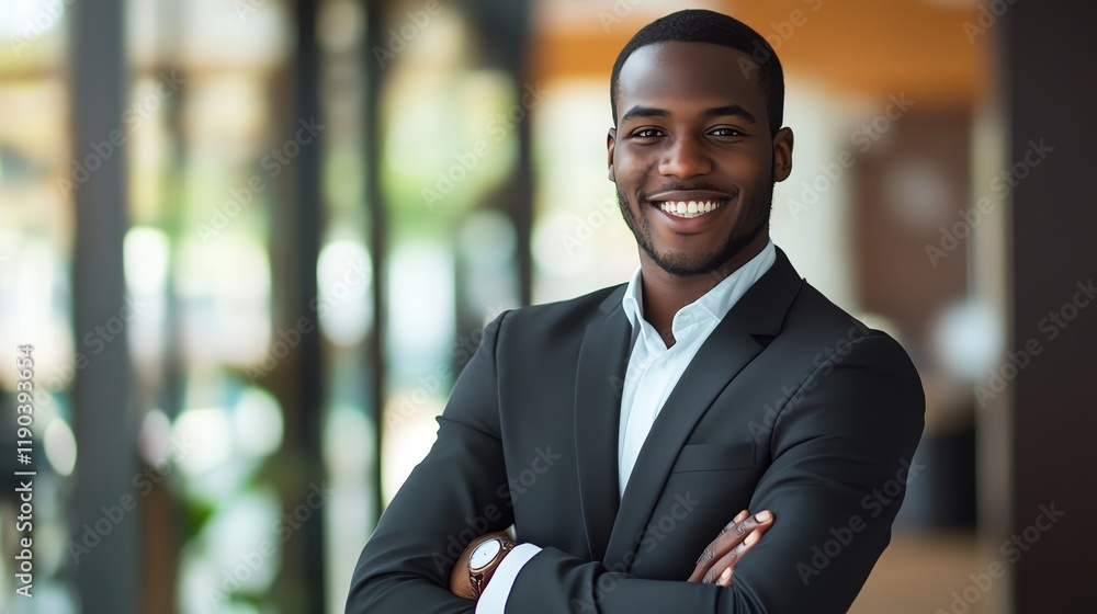 Confident Business Professional in Modern Office Setting with Arms Crossed, Wearing dark Suit Confident Business Professional in Modern Office Setting with Arms Crossed, Wearing dark Suit