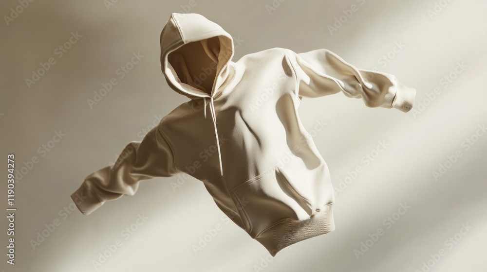 Beige hoodie sweatshirt mockup floating in soft light. Beige hoodie sweatshirt mockup floating in soft light.