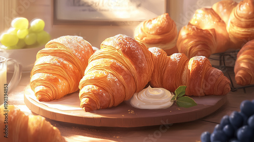 Crisp croissants with morning breakfast spread, Parisian delight filling the air with delicious aromas, symbolizing food culture and the joy of indulging in French pastry tradition  photo