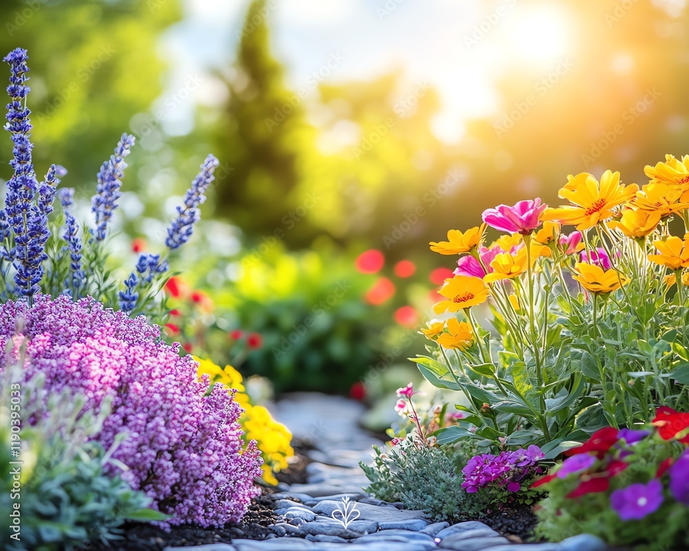 Obraz premium Beautiful garden scene with colorful flowers and thriving plants under the bright sun, soft light, clear skies, vivid colors, highdefinition detail
