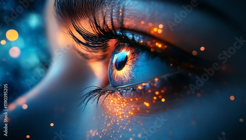 Closeup of eyes with neon city reflections, hinting at curiosity and hidden emotions, soft bokeh with glowing sparks and trails of light, hyperrealistic detail photo