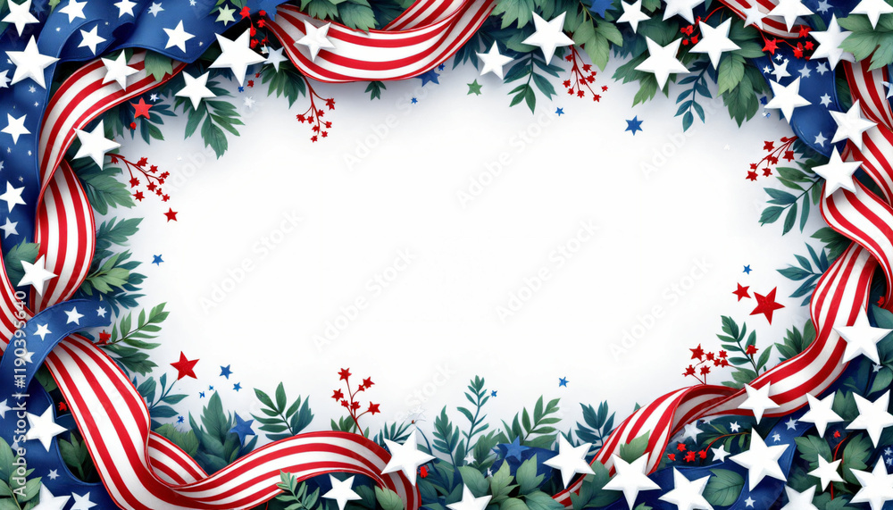 Fototapeta premium Patriotic wreath with red, white, and blue ribbons and stars, ideal for Fourth of July celebrations, copy space