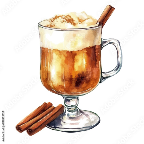 A watercolor drawing of a cup of hot buttered rum with cinnamon and a slice of butter, isolated on a white background. Hot buttered rum vector.
