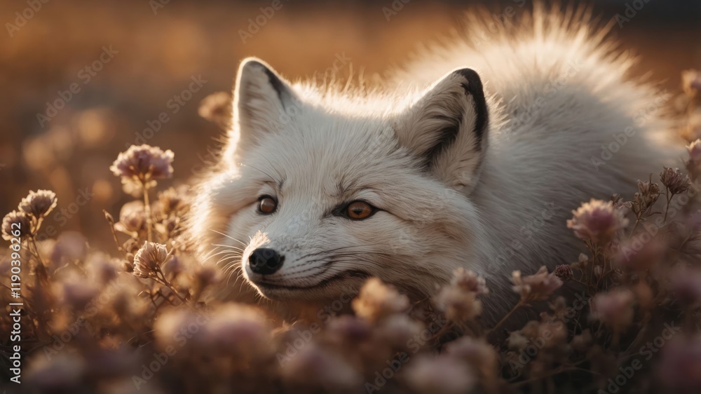 Obraz premium A close-up of a white fox among flowers during golden hour, showcasing its serene expression.