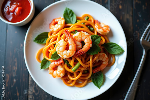 A plated dish with shrimp and spaghetti on a dark wooden table with a red sauce in a white bowl and green leaves