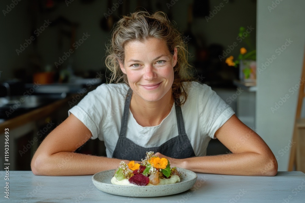 Bright and Colorful Salad with Seasonal Greens and Edible Flowers Showcased by a Smiling Woman in a Cozy Kitchen Setting Bright and Colorful Salad with Seasonal Greens and Edible Flowers Showcased by a Smiling Woman in a Cozy Kitchen Setting