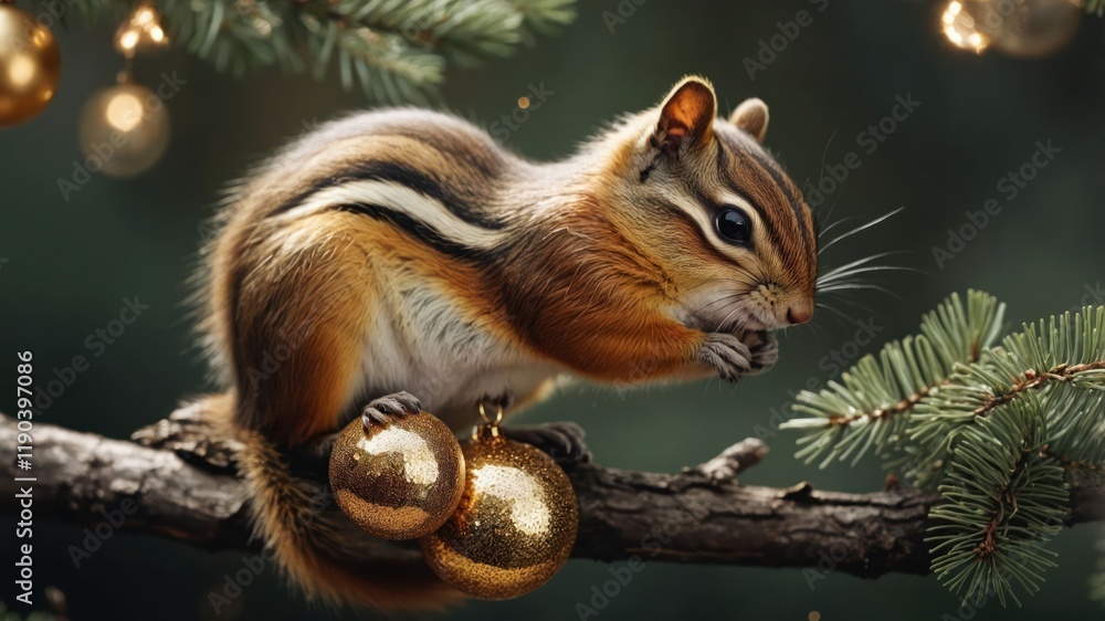 Obraz premium A chipmunk perched on a branch with golden ornaments, celebrating the festive season.