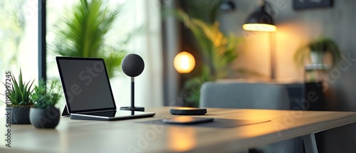 Wallpaper Mural Modern conference room setup with microphone and tablet on a meeting table, local administration theme, sleek and professional, bright and airy tones Torontodigital.ca