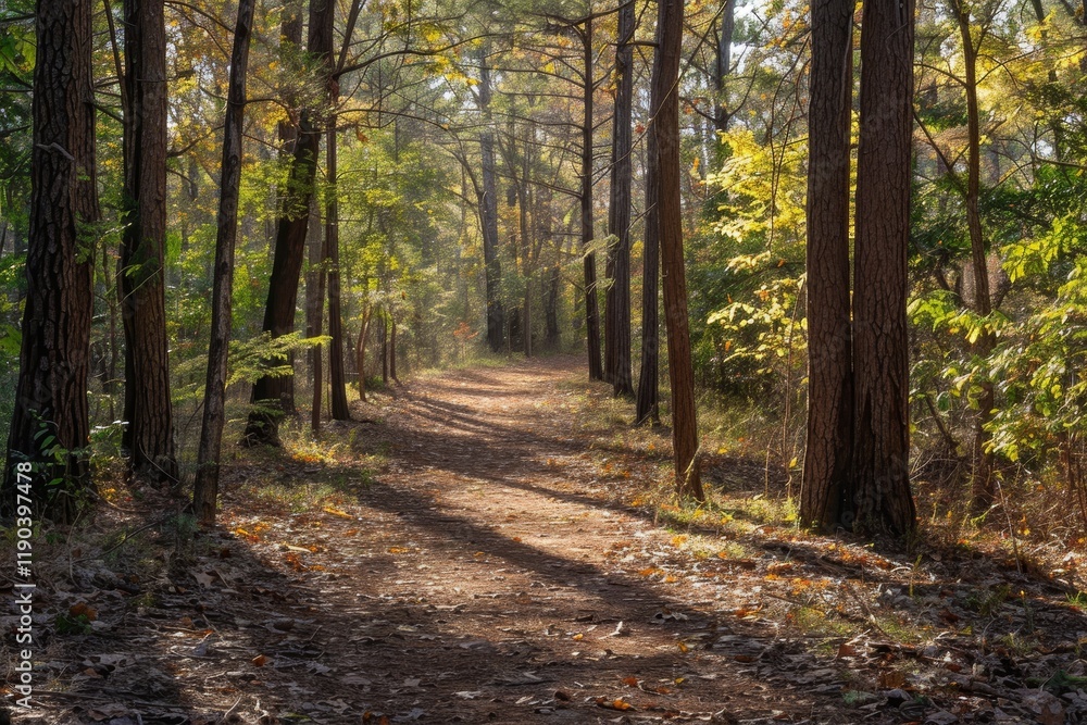 A peaceful forest trail with dappled sunlight on a fall day, A peaceful hike through a sun-dappled forest A peaceful forest trail with dappled sunlight on a fall day, A peaceful hike through a sun-dappled forest