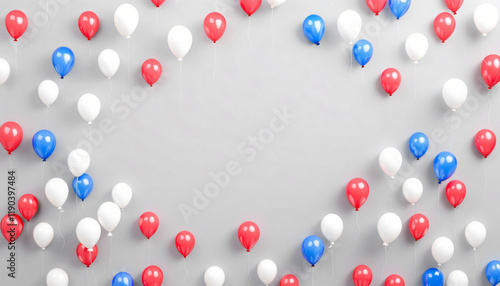 Colorful balloons in red, white, and blue forming a festive border on a gray background
