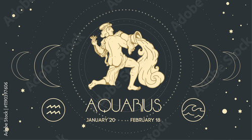 Zodiac sign Aquarius in engraving hand drawn style. Retro astrological sign Water Bearer design template. Vector illustration.