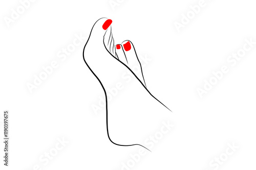 Beautiful woman feet with red nails line drawing isolated on white background - vector illustration