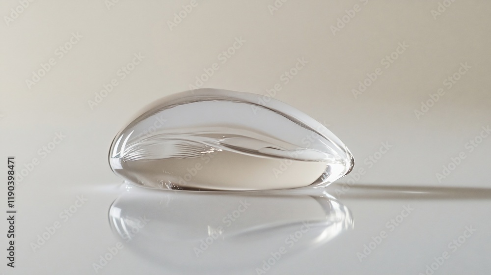 Smooth, transparent glass object with subtle curves reflecting on a white surface. Smooth, transparent glass object with subtle curves reflecting on a white surface.