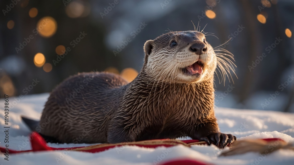 Fototapeta premium A playful otter on snow, surrounded by festive decorations and warm lighting.