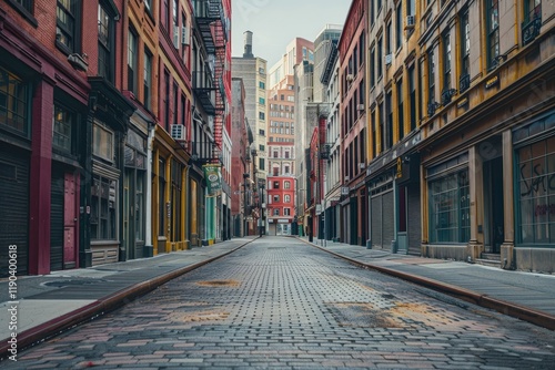 A cobblestone street lined with closed shops, revealing a deserted cityscape, A once bustling city street now lined with closed storefronts