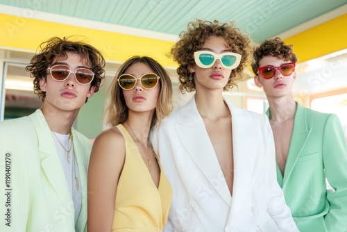 Vintage Inspired Portrait of Group of Young Influencers with Trendy Sunglasses in Bright Colorful Setting Ideal for Fashion and Lifestyle Promotions photo