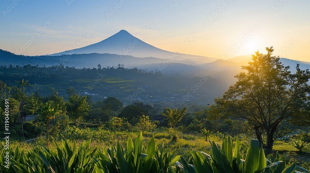 Fototapeta premium Majestic sunrise over a misty volcano and lush valley.