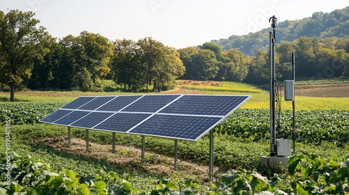 Rural solar panel array in a field, powering a small pump or monitoring station.
