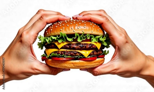 Juicy Double Cheeseburger Held in Hands
