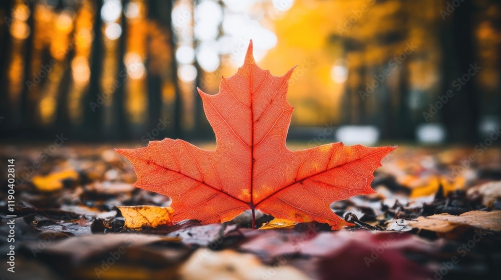 Single vibrant red maple leaf amidst autumn foliage Single vibrant red maple leaf amidst autumn foliage