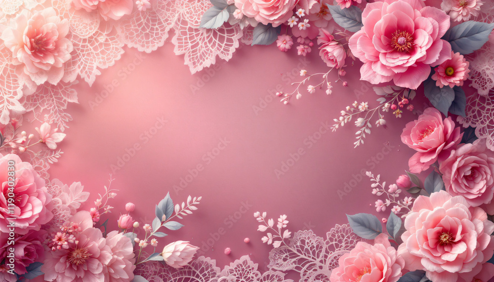 Beautiful floral background with pink roses and lace, romantic atmosphere, perfect for International Women's Day, copy space
Beautiful floral background with pink roses and lace, romantic atmosphere, perfect for International Women's Day, copy space