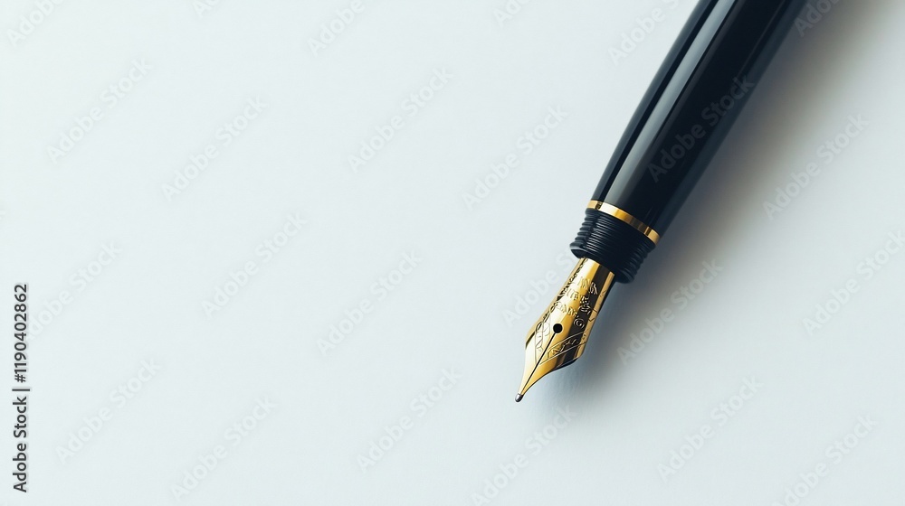 Close-up of elegant black fountain pen with gold accents on white background. Close-up of elegant black fountain pen with gold accents on white background.