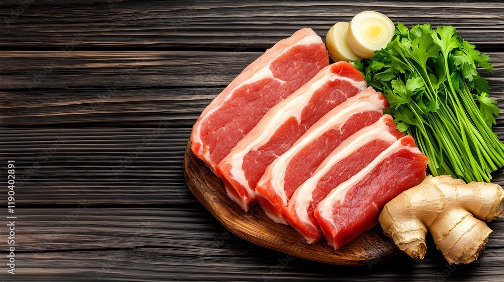 Fresh cuts of meat arranged on a wooden platter alongside ginger, lemon, and green herbs, highlighting ingredients for a flavorful dish. Fresh cuts of meat arranged on a wooden platter alongside ginger, lemon, and green herbs, highlighting ingredients for a flavorful dish.